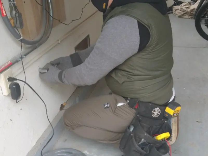 Electrician performing outlet wiring in a West Manchester garage